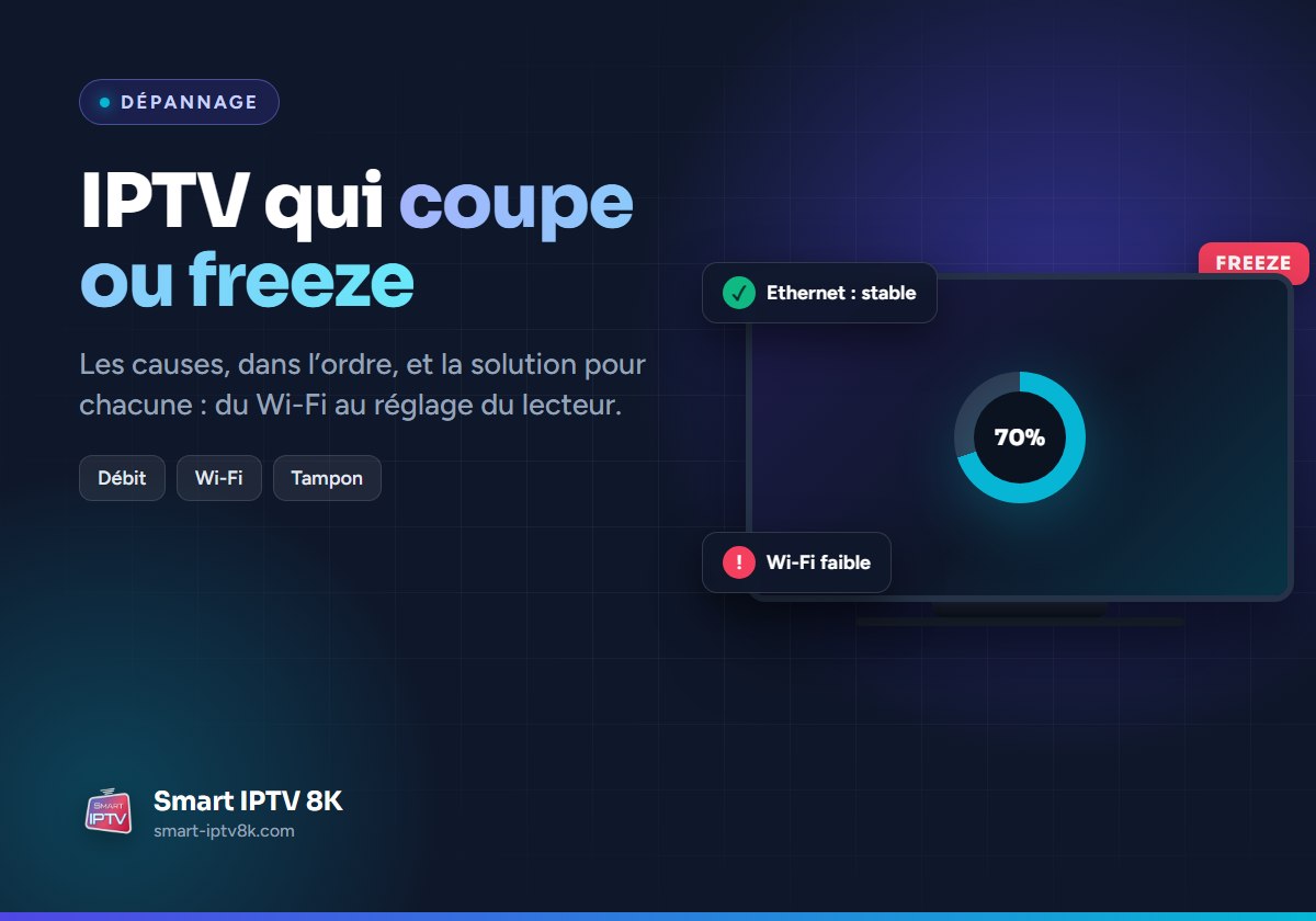 Illustration du guide IPTV qui coupe ou freeze : téléviseur avec anneau de chargement, badges Wi-Fi faible et Ethernet stable