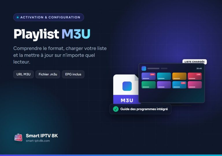 Illustration du guide playlist M3U : icône de fichier M3U à côté d'un téléviseur affichant la liste de chaînes chargée