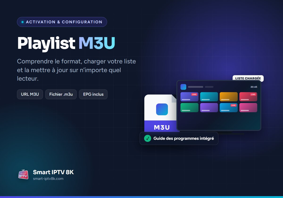 Illustration du guide playlist M3U : icône de fichier M3U à côté d'un téléviseur affichant la liste de chaînes chargée
