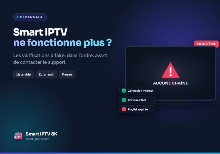Illustration du guide de dépannage Smart IPTV : téléviseur affichant aucune chaîne et liste de vérifications